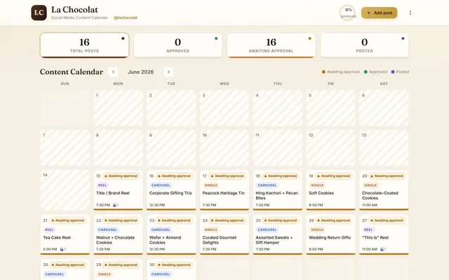 Content calendar with posts awaiting approval