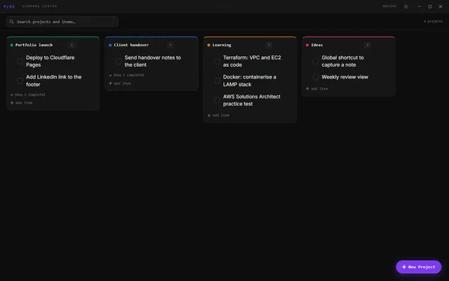 P/OS board with project columns and notes